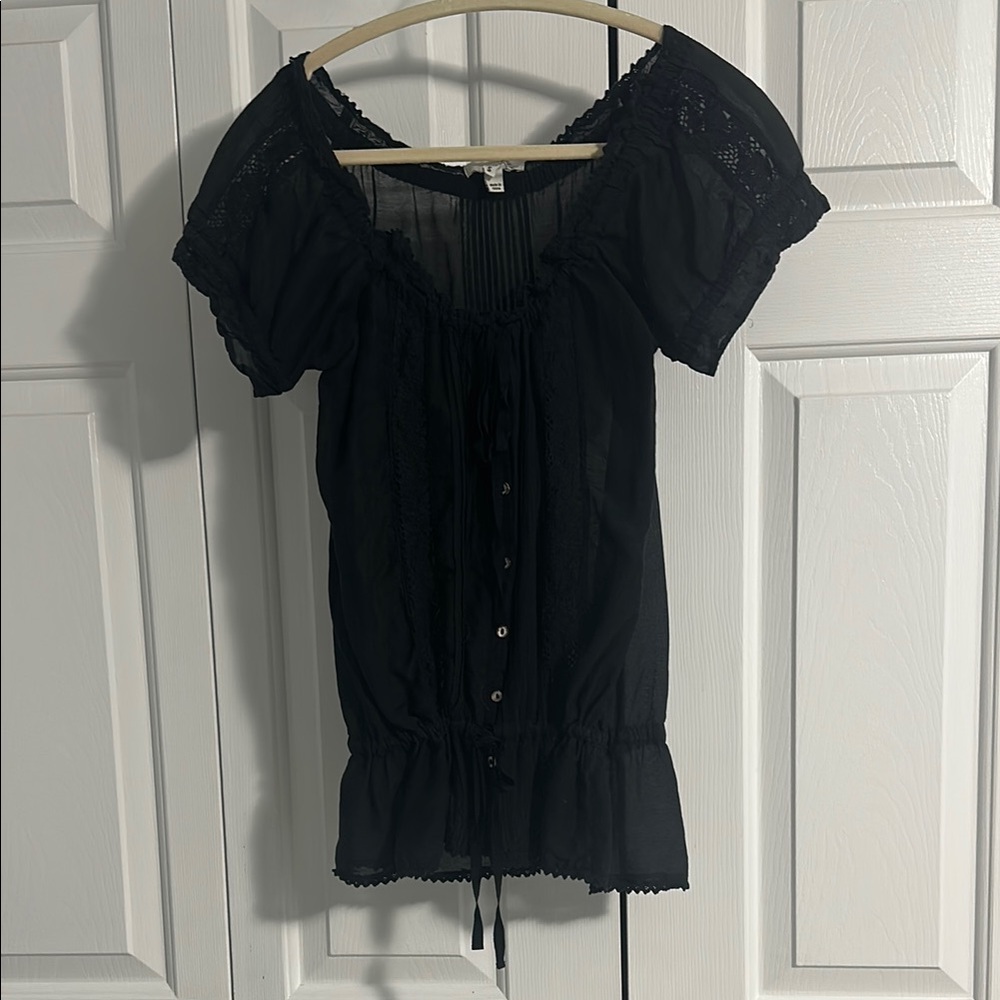 Joie Black Lace Trimmed Short Sleeve Top - S